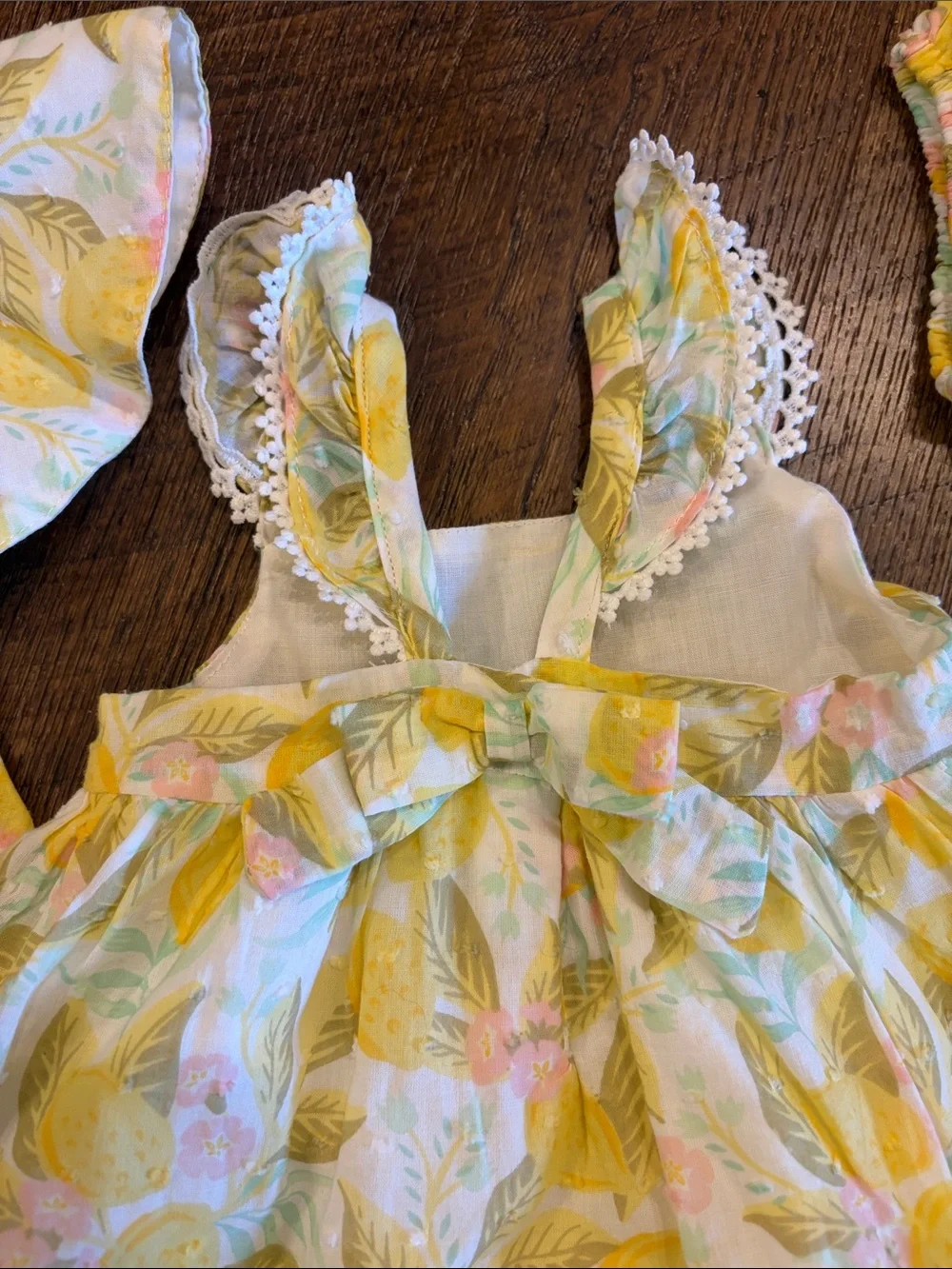 C&C California Yellow Lemon Print Baby Dress, Bloomers, & Hat Set